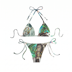 240 GSM Stretch Polyester Halter <b>Bikini</b> <b>Set</b> 1 Piece <b>Green</b> Multicolor Solid Front Custom Sublimation OEM ODM - Product Image 1