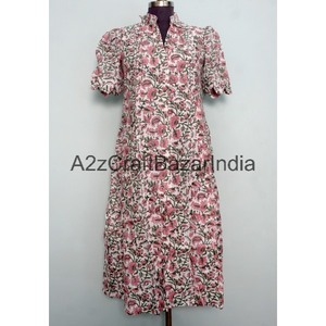 Vestido Midi de Mujer, Diseño Indio Hecho a Mano, 100% Algodón, Estampado Floral, Corte en A, Cuello en V, Mangas Cortas, Bolsillos, Decoración con Botones - Product Image 3