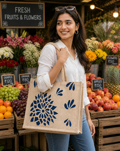 Sac fourre-tout en jute écologique avec imprimé floral, sac de courses réutilisable, design bicolore - Product Image 6