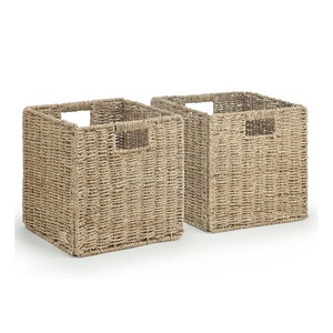 Vintage Collapsible Foldable Woven Seagrass <b>Cube</b> Storage <b>Basket</b> Set with Integrated Handles Multi-Purpose Organization - Product Image 1