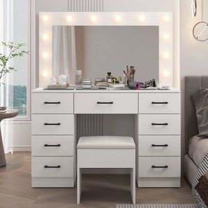 Large Lighted 12 LED Mirror Makeup Vanity Desk Set with 9 Drawers Glass Top Vanity Table with Power Outlet - Product Image 2
