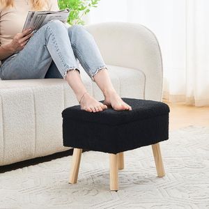 Pouf Contenitore Rettangolare Nero Contemporaneo con Rivestimento in Tessuto Teddy, Gambe in Legno Massello, Poggiapiedi per Ingresso di Casa - Product Image 5