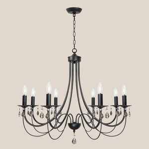 Lampadario a 8 Luci in Cristallo Nero e Nichel Spazzolato, Stile Rustico Francese, per Sala da Pranzo, Illuminazione a Soffitto - Product Image 1