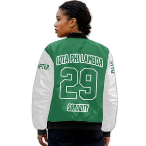 Veste Bomber Personnalisée pour Femme Iota Phi Lambda, Vert Émeraude et Blanc, avec Écusson Lettres Grecques sur le Devant et le Dos, Numéro d'Année, Fermeture Éclair - Product Image 2