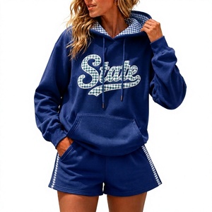 Women's Fleece Hoodie Shorts Set Checkered Hood State Print Loose Fit Two <b>Piece</b> Gamedays Sportswear Autumn Winter <b>Outfit</b> - Product Image 4