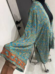 Blue Color Floral Print Kimono V Neck Long Sleeves Belted Wrap Knee Length Bohemian <b>Cardigan</b> Summer Women's Comfortable Wear - Product Image 5