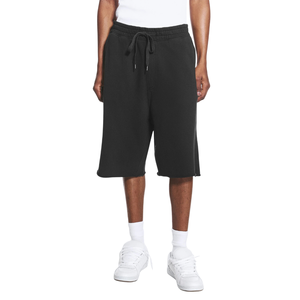 Shorts longs en molleton noir pour homme, taille élastique, cordon de serrage, poches latérales, ourlet brut, coupe ample, style streetwear, logo personnalisé OEM, vente en gros - Product Image 4