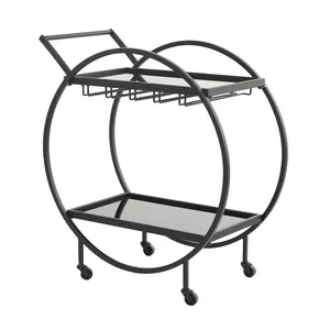 Minimalist Round Metal Bar Cart with Glass Shelves and Bottle <b>Rack</b> for Party Use - Product Image 3