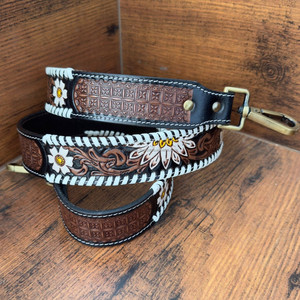 Fleur marguerite usinée à la main 1.5 "bandoulière en cuir véritable sangle de sac de remplacement occidentale avec boutons-pression en laiton antique - Product Image 3