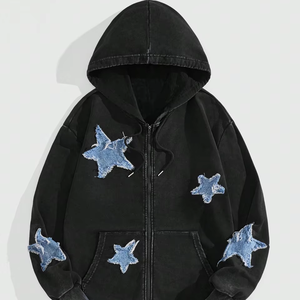 Sweat à capuche oversize pour homme, broderie étoile personnalisée effet vieilli, délavage acide, 100% coton, logos entièrement personnalisables, streetwear décontracté, livraison rapide - Product Image 1