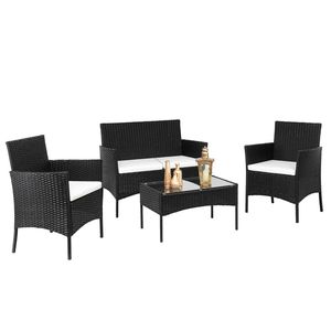 Set da salotto in rattan nero 2 poltrone + 1 divanetto + tavolino da caffè in vetro temperato - Product Image 1