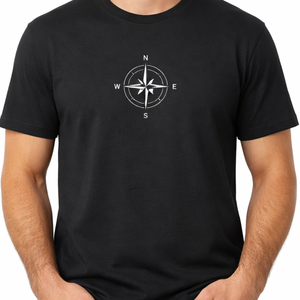 เสื้อยืดผ้าฝ้ายสีดำสำหรับผู้ชายที่เป็นที่ต้องการสูง |    ลายพิมพ์กราฟิกเข็มทิศสีขาว |   เสื้อผ้าลำลองแนวสตรีทแขนสั้นระดับพรีเมียม |    จุดเชื่อมต่อสำหรับนำทาง - Product Image 2