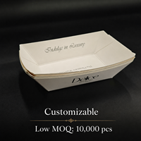Barquette alimentaire jetable blanche personnalisable avec logo, pliable, résistante à la graisse, avec revêtement PE, pour frites, nachos et fêtes