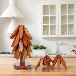 <b>Wooden</b> Christmas Tree <b>Trivet</b> Set Handmade Heat Resistant Table Decoration 20cm Diameter Modern Style - Product Image 3