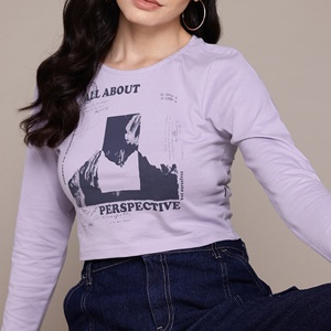 เสื้อครอปแขนยาวสีลาเวนเดอร์สำหรับผู้หญิง พิมพ์ลายภูเขา คอกลม ผ้าถักลำลอง 100% ผ้าฝ้าย แขนยาว ทรงพอดีตัว - Product Image 1