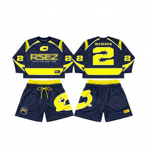 Ensemble de maillot de sport pour homme, bleu marine et jaune, imprimé par sublimation, séchage rapide, col rond, manches longues, avec short assorti, tenue d'été - Product Image 1