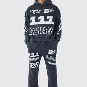 Ensemble sweat à capuche et pantalon de survêtement personnalisé pour homme, broderie appliquée, effet vieilli, coupe oversize, délavé soleil, survêtement zippé, ensemble de jogging évasé - Product Image 3