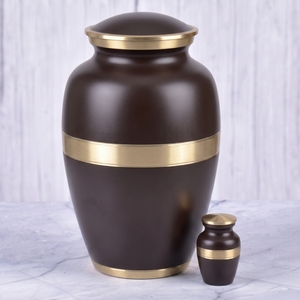 Urne funéraire pour cendres humaines, marron et or, unie avec bandes en laiton, finition brillante, pour adulte, urne commémorative funéraire - Product Image 1