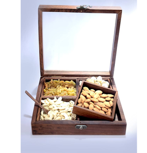 Boîte à fruits secs en bois, sections divisées avec couvercle, conteneur de stockage alimentaire rectangulaire minimaliste fait à la main pour noix et bonbons - Product Image 1