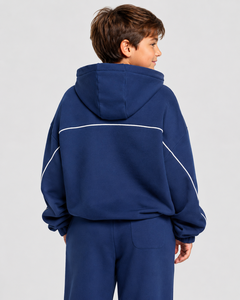 Sweat à capuche décontracté bleu foncé pour garçon avec logo personnalisé, coupe oversize, en molleton premium - Product Image 2