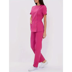 Ensemble d'uniformes médicaux tissés roses et bleus de haute qualité, écologiques, anti-aiguilles, coupe confortable, boutons-pression, poches, pour hôpital - Product Image 1