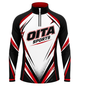 Camiseta Deportiva Personalizada Negra, Roja y Blanca con Cierre de Cremallera, Manga Larga, para Entrenamiento Atlético, Running, Ropa Deportiva de Equipo, Ropa Deportiva Personalizada de Alto Rendimiento - Product Image 1