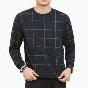 เสื้อสเวตเชิ้ตผู้ชาย คอกลม ลายสก็อต ถักนิตติ้ง ทรงปกติ สวมใส่สบายๆ สำหรับฤดูใบไม้ร่วง แขนยาว สีน้ำเงินเข้ม ลายตารางสีน้ำตาล - Product Image 5