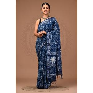 Sari de Lino Estampado con Blusa de Lino para Mujer, Prenda Elegante y Cómoda para el Uso Diario, Estilo Étnico - Product Image 1