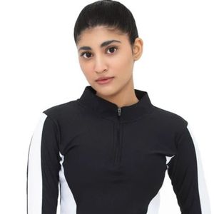 Sweat-shirt noir pour femme, à manches longues, col montant zippé, coupe ajustée, pour le sport, l'entraînement et les loisirs - Product Image 2