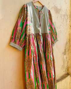 Women Bohemian Style Cotton Handmade Summer Dress <b>Balloon</b> Sleeves Stripe Printed Maxi Dress Wholesale - Product Image 3
