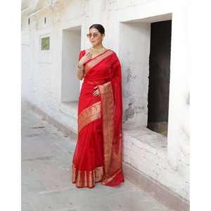 DESIGNER ORGANZA ZARI WORK SAREE AVEC CHEMISIER NON COUDU ROUGE - Product Image 1