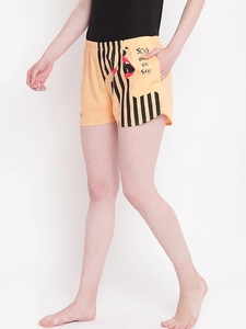 Women's Printed Yellow Striped Shorts <b>Elastic</b> Waist Knitted Cotton Casual Regular Fit - Product Image 2