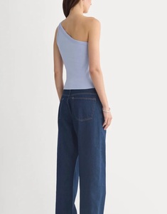 Women's Asymmetric 100% Cotton Knitted Rib Textured <b>One</b> Shoulder Tank <b>Top</b> Solid Light Blue Color Breathable Quick Dry - Product Image 3