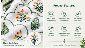 Parure de lit de luxe légère en coton premium 200TC, imprimée pigmentairement, durable, avec taies d'oreiller, motif floral vert, imprimé à la main indien, vente en gros - Product Image 2