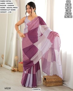 Charita Women's Purple Chinon Saree With Digital Print And Mirror Cut Work <b>Blouse</b> For Party Wear S5235 - Product Image 1