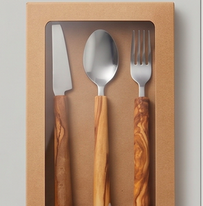 Juego de cubiertos de acero inoxidable con mangos de madera, diseño minimalista, cubiertos duraderos para acampar y uso doméstico - Product Image 6