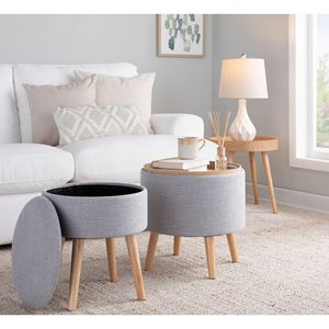 Pouf di stoccaggio in tessuto grigio chiaro con gambe in legno naturale vassoio contemporaneo e sgabello abbinato - Product Image 6