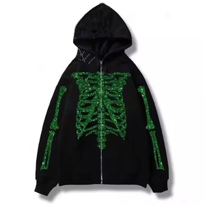 Sweat à capuche zippé pour homme, noir, en polaire respirant, avec ailes d'ange en strass, coupe classique, streetwear d'hiver - Product Image 3