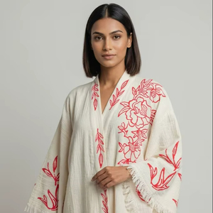 Robe longue beige en coton, col en V, manches longues, coupe ample, motif floral brodé, pour femme, tenue de soirée, ourlet à volants - Product Image 1