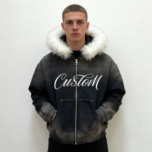 Sudadera con capucha extragrande negra con efecto tie-dye y cremallera, con ribete de piel sintética blanca, estampado personalizado, para hombre, estilo casual urbano, cálida para invierno - Product Image 3