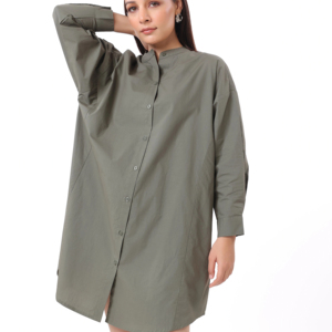 Robe longue décontractée en coton pour femme, coupe ample, manches longues, couleur unie, col en V, boutons décoratifs, teinte unie - Product Image 1