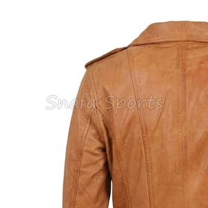 Veste en cuir pour femme de qualité supérieure, courte, marron, style motard, coupe ajustée, avec fermetures éclair argentées - Product Image 6