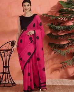 Sari de Lino KV Estampado Tradicional para Uso Diario y Fiestas, Sin Arrugas y Reversible - Product Image 1
