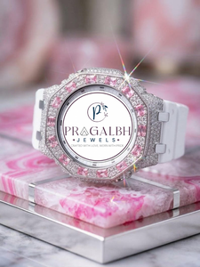 นาฬิกา Pragalbh Jewels แบบสั่งทำพิเศษ ประดับเพชรเต็มหน้าปัด สีชมพูและสีขาว พร้อมหน้าปัดแบบสั่งทำพิเศษ นาฬิกาประดับเพชรโมอิสซาไนต์ - Product Image 6