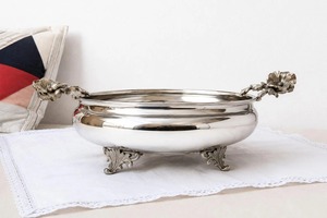 Designer <b>Silver</b> Finished Floral Decorative Handle Display Bowl Perfect For Coffee <b>Tables</b> <b>Consoles</b> And Dining Displays From India - Product Image 4
