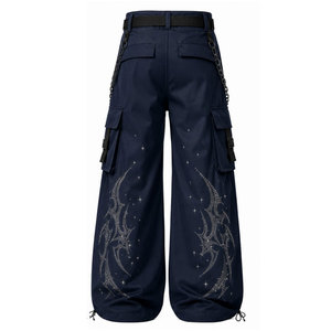 Gothic Wide Leg Cargo Pants With <b>Chain</b> Embroidery High Waist Multiple Pockets Men's Dark Blue Polyester Trousers - Product Image 3