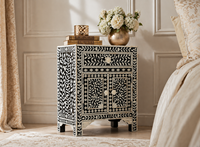 Table de chevet noire et blanche avec incrustations de nacre, motif floral, table de rangement pour chambre à coucher