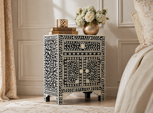 Black and <b>White</b> Bone Inlay Nightstand Pearl Inlay <b>Bedside</b> Cabinet Floral Pattern Storage Table for Bedroom - Product Image 2