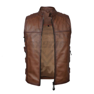 Gilet de moto en cuir marron personnalisé pour homme, style vintage, sans manches, veste d'extérieur pour motard - Product Image 2