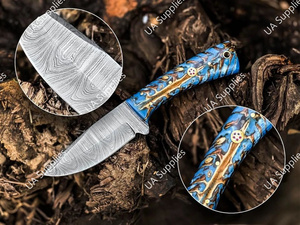 มีดเหล็กดามัสกัสตีขึ้นรูปด้วยมือ ใบมีดแบบดรอปพอยต์ สำหรับเอาตัวรอด ตั้งแคมป์ ล่าสัตว์ ด้ามจับรูปทรงกรวยสน พร้อมปลอกหนัง ขายส่งราคาดีที่สุด - Product Image 4